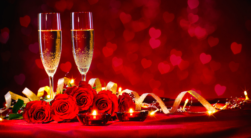 Heart and Candle Light Valentine's Day Proposal with Champagne, Chocolate and Roses