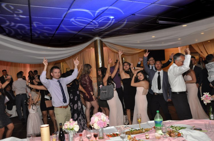 Our DJs get the party going and get those hands up with great music, fun mixes and amazing DJs sound and lights. Blue and Purple Dancelight and ceiling accent lighting with custom heart and wedding band shaped gobo light