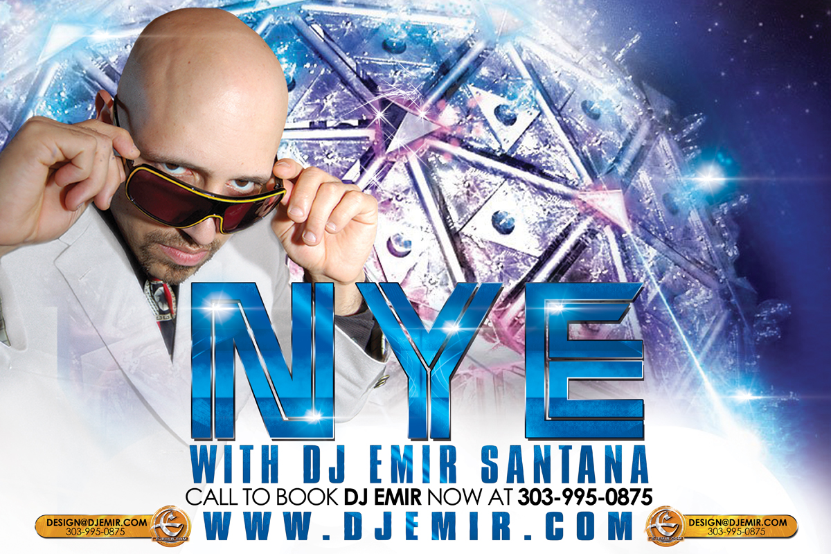 New Year's Eve With DJ Emir of Denver's Best DJs Colorado's Top 10 DJs Emir Santana in front of New year's Eve Ball with Sun Glasses and White Suit Looking like Pitbull hosting NYE New York