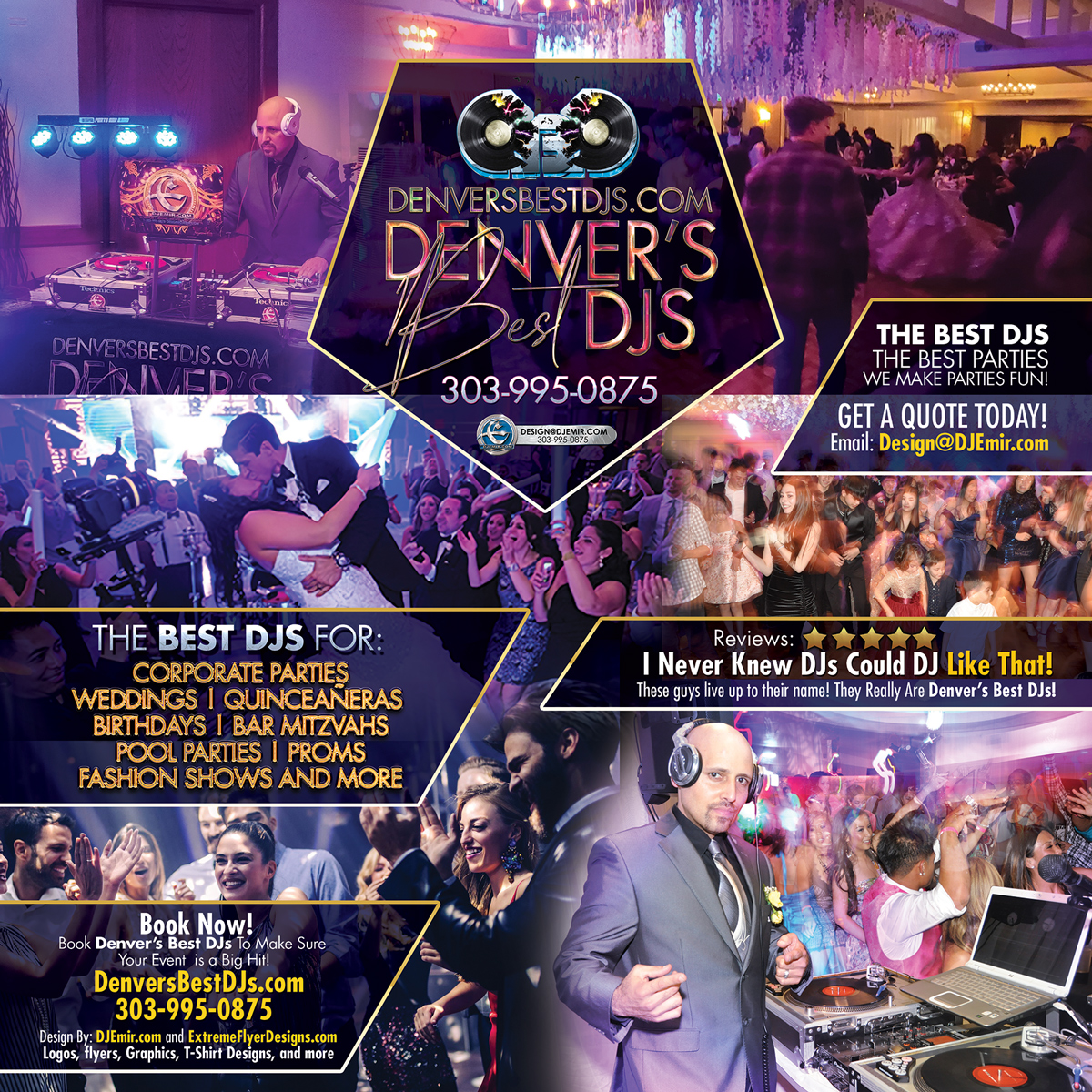 Denver's Best DJs the Colorado's best DJs for the Best Parties we make parties fun Instagram size Flyer design get a quote DJs for Corporate Parties, Birthday Party, Quinceñeras, Sweet 16 Birthdays, Pool Party, fashion shows, proms, homecoming, school parties and more. Englewood, Arvada, Westminster, Aurora, Centennial, Greenwood Village, Parker, Castle Rock DJs for all events DJ Emir DJ Emerson Denver's Best DJs Logo  